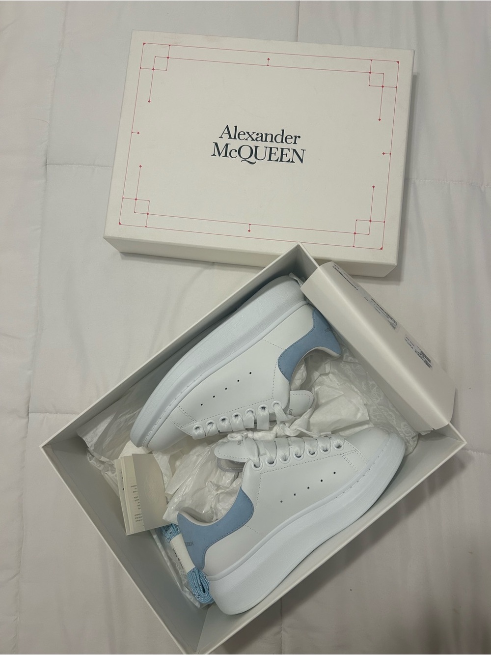 Alexander McQueen White Leather Sneakers with Light Blue Heel Tab
